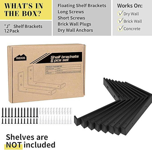 Shelf Brackets 12 Inch, Strong Heavy Duty Floating Shelf Brackets Pack of 12, Industrial Metal Iron Matte Black Shelving Brackets 1/5 Inch Thick Brackets for Shelves 12 PCS