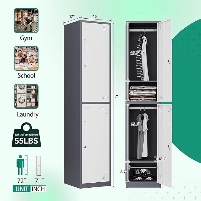 Letaya Metal Locker 2 Lockable Door,71" Tall Steel Storage Cabinet for School Office Gym Home Employees Staff (2 Door -Grey White)