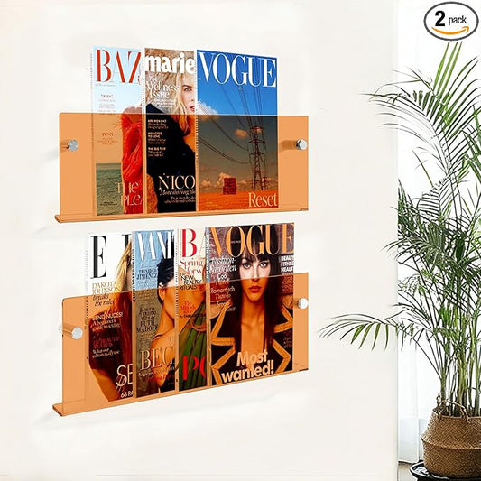 2-Pack Acrylic Magazine Holder, 24" Record Holder Magazine Rack, Fashion Hanging Bookshelf Literature Storage Rack for Waiting Room, Living Room, Office (Orange, 24 Inch)