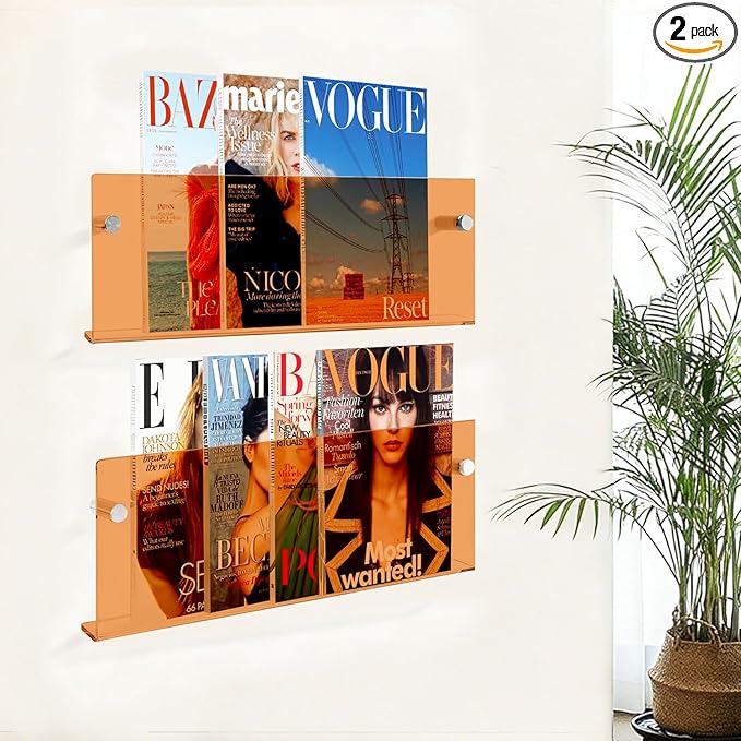 Acrylic Magazine Holder, 2 Pack Hanging Bookshelf Magazine Rack, Floating Bookshelf Brochure Display Organizer for Home, Office, Reception Area(Orange, 17 Inch)