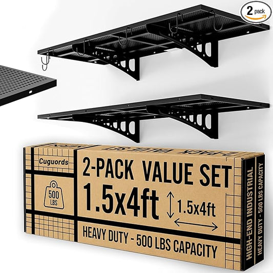 2-Pack 1.5x4ft Garage Wall Shelving, 500 Lbs Heavy Duty Garage Shelving Wall Mounted, Flat Metal Rack With Complete Install Kit & Hooks, Black