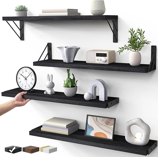 BAYKA Wall Mounted Floating Shelves, Wood Floating Wall Shelf for Books & Decor, Small Space-Saving Display & Organizer（Black，23in，Set of 4）