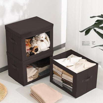 Stackable Storage Bins with Lids - Large Storage Box with Lids, Foldable Closet Boxes for Organizing, Wardrobe Clothes Organizer with Window, Cubes Bins for Living Room, 3 Pack, Brown