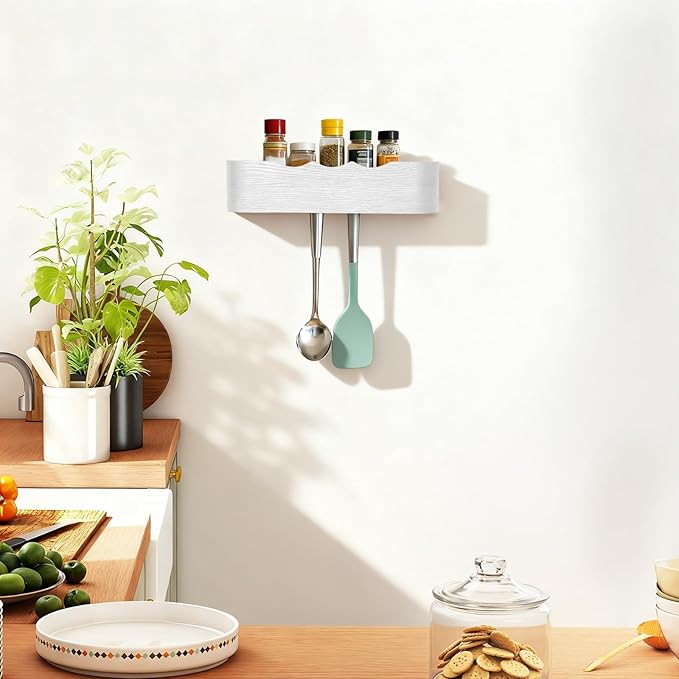 Wall Coat Rack Floating Shelves Modern Coat Rack Wall Mount with Storage Entryway Shelf Wooden Hanger 20 Inch 4 Hidden Metal Hooks for Living Room Bedroom (Wavy White, 4 Hooks)