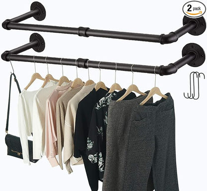 Industrial Pipe Clothes Rack with 3 S-Shaped Hooks, 36’'L Wall Mounted Garment Rack, Heavy Duty Iron Garment Bar, Clothes Hanging Rod Bar for Laundry Room, Max Load 135Lb Black (2 Package)
