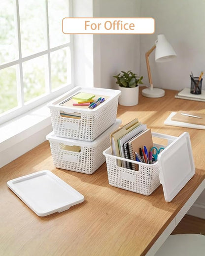 Plastic Storage Baskets with Lids [6-Pack] – Stackable Organizing Bins with Secure Snap-On Lids for Pantry, Bathroom & Closet | 11"x7"x5" Bins Hold 25lbs, Dustproof & Water-Resistant, White