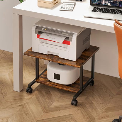 Livofloral Under Desk Printer Stand with Storage Shelf, 2-Tier Industrial Mobile Printer Table for Home and Office, Printer Stand with Wheels,Rustic Brown