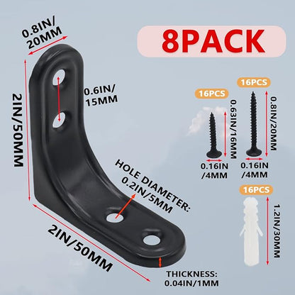 8pcs 2 Inch Heavy Duty L Brackets - 90 Degree Wall Mount Right Angle Corner Braces for Shelves, Wood, Cabinets - Black Powder Coated Steel Shelf Supports with Mounting Screws Included