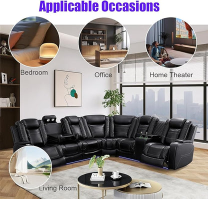 Power Recliner Sectional Sofa for Living Room, Leather Black Power Sectional Sofa with LED, Recliner Couch Sets with Read Lights, USB Charging, Cup Holders, Hidden Storage for Office/Home