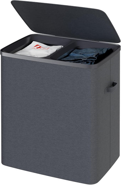 Dual Section 90 liter/23.8 gallon Laundry Hamper Separation Basket with lid, 2 Removable Washing Bags with Handles,Large Laundry Sorter for Easy Clothes Separation - Dark Gray