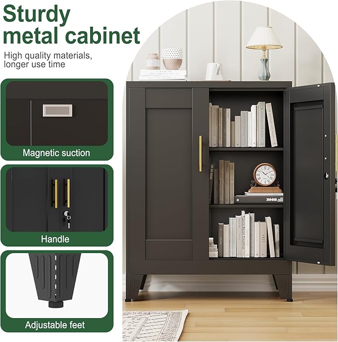Black Metal Storage Cabinet, 36" Tall Locking Storage Cabinet with 2 Adjustable Shelves, Steel Locker Organizer, for Office, Home, School