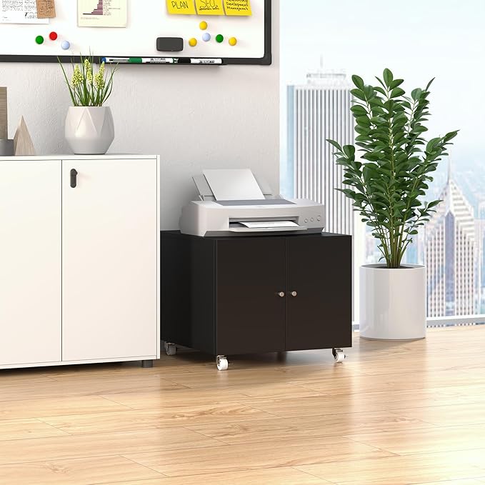 Printer Stand with Storage Cabinet with Wheels,3D Heavy Duty Metal Large Printer Table with Adjustable Shelf for Home Office, Mobile Printer Cart,Black,17.72" H