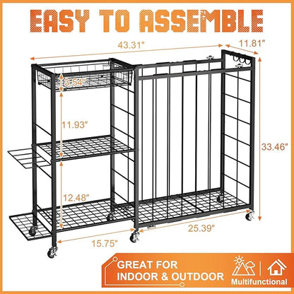 Ball Storage with Elastic Rope for Sports and Outdoors, Garage Organization with Wheels for Sports Gear and Toys, Large-Capacity Sports Equipment Organizer with Baseball Bat Holder and Basketball Rack