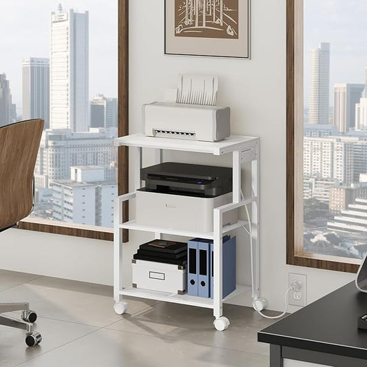 Mobile Printer Stand, 3-Tier Industrial Printer Cart with 2 AC Outlets and 2 USB Ports, Rolling Printer Table on Wheels for Home Offices Kitchen Organization Rack, White PTWT78E01