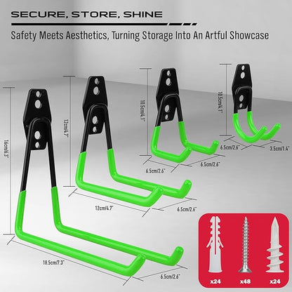 Garage Tool Storage Wall Hook Assortment Set: 15PCS Heavy Duty Large Hanger Garden Tool Organizer Ladder Bike Rack Yard Tool Holder Shed Shovel Metal Screw Organization Bicycle Steel Bracket, Green