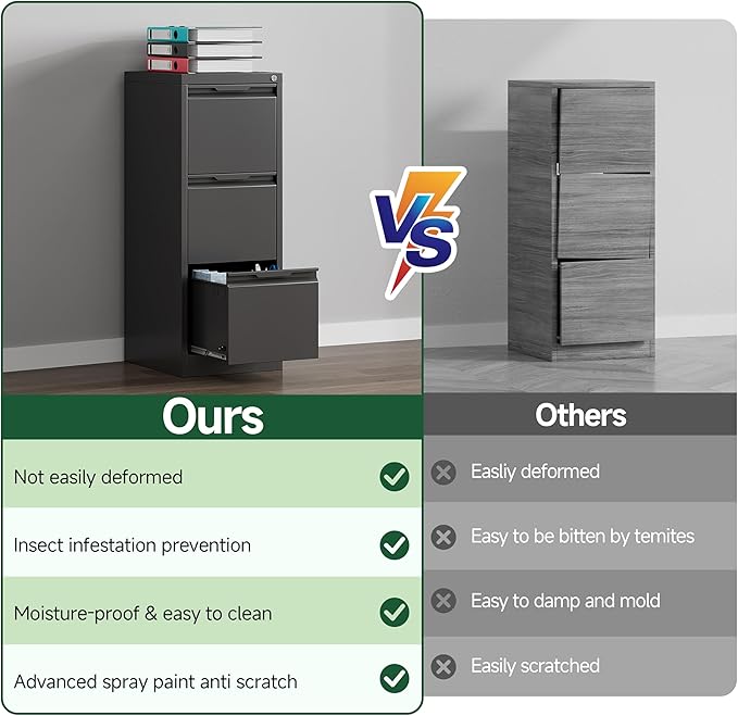 3 Drawer File Cabinet, Metal Filing Cabinets for Home Office, Black Vertical File Cabinet with Lock for Letter/Legal/A4/F4 Size, Assemble Required