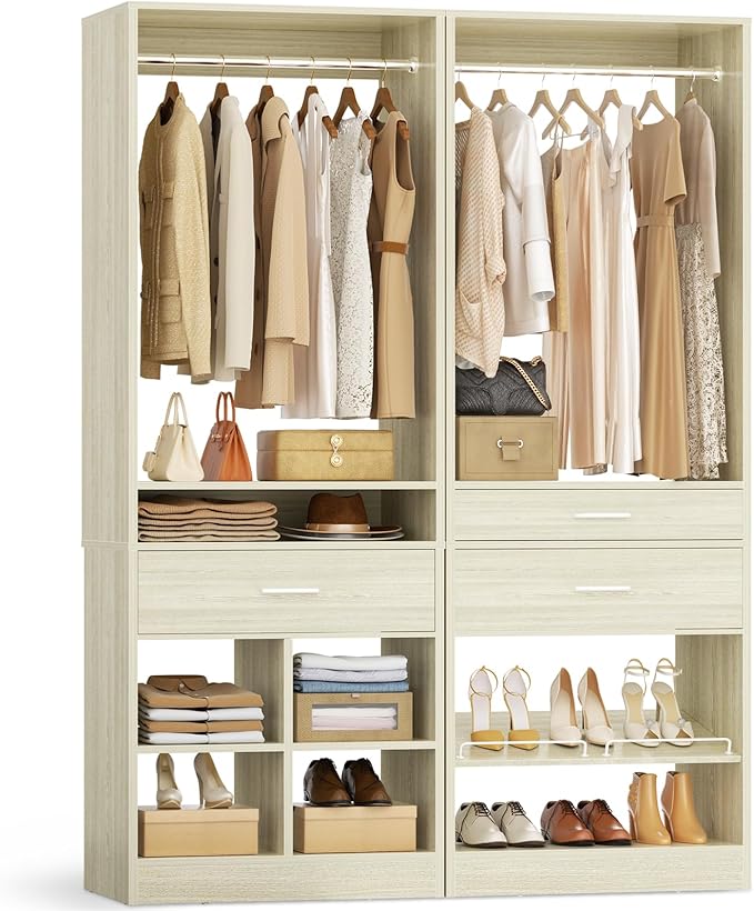 Unikito 50" W x 80'' H Closet Organizer Storage System with 2 Hanging Rod and 2 Wooden Drawers, Adjustable Shoes Rack, 4 Cubby Storage, Walk-in Closet Tower for Bedroom, Mudroom, Entryway, White Oak