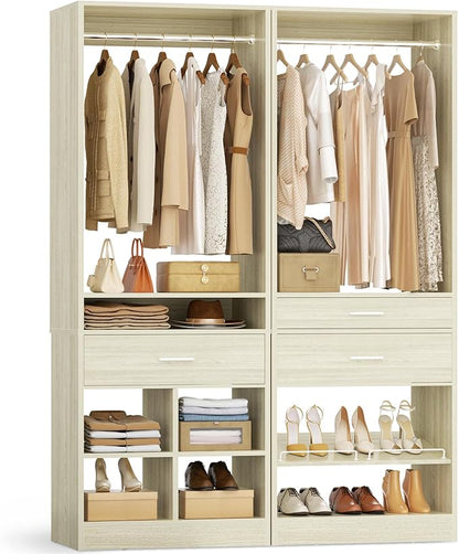 Unikito 50" W x 80'' H Closet Organizer Storage System with 2 Hanging Rod and 2 Wooden Drawers, Adjustable Shoes Rack, 4 Cubby Storage, Walk-in Closet Tower for Bedroom, Mudroom, Entryway, White Oak