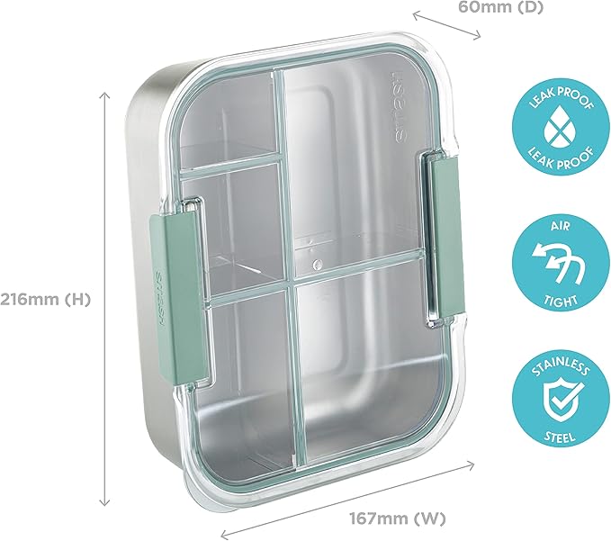 Smash Stainless Steel Bento Lunch Box, 5 Compartments, Sage, 47.3 fl oz