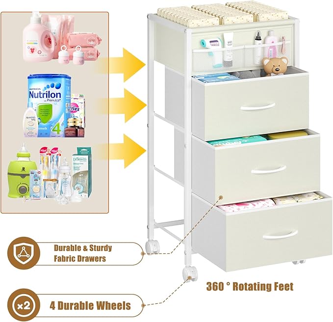 4-Tier Baby Diaper Caddy Organizer Cart with 3 Storage Drawers, Rolling Cart with Dividers & Side Pockets for Nursery, Baby Essentials, Toys, Wipes & Creams, Portable Baby Storage Cart & Station
