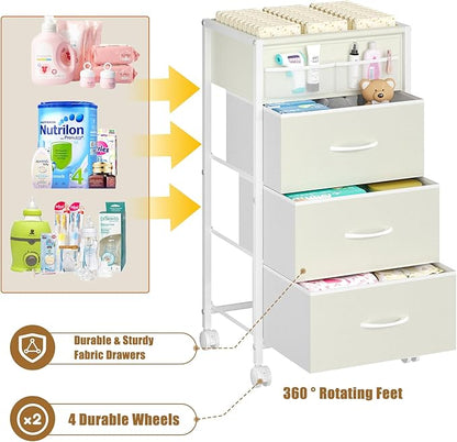 4-Tier Baby Diaper Caddy Organizer Cart with 3 Storage Drawers, Rolling Cart with Dividers & Side Pockets for Nursery, Baby Essentials, Toys, Wipes & Creams, Portable Baby Storage Cart & Station