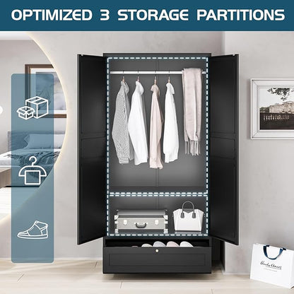 MIIIKO Wardrobe Closet with Drawer, 2 Doors Clothes Cabinet, 72" Metal Storage Cabinets with Hanging Rod and Shelf, Bedroom Armoires Laundry Room and Office Clothes Storage Organizer Cabinets