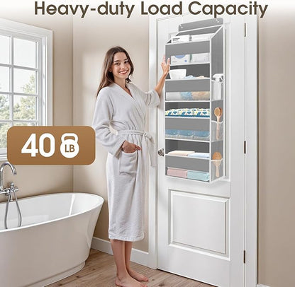 1 Pack Over The Door Organizer, Hanging Storage Organizer with Clear Window, 40lb Ultra Sturdy Large Capacity Room Organizer for Pantry Laundry Bathroom Nursery Closet Baby Essential (Grey)