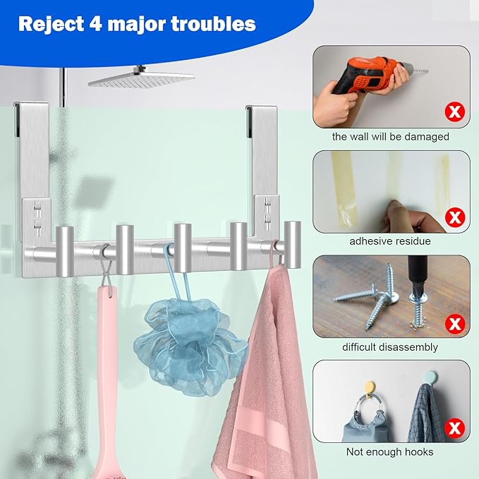 PMMASTO Shower Door Hooks, (7.5 Inch) Extended Towel Hook for Bathroom Frameless Glass Shower Doors, Stainless Steel Heavy Duty Holder for Hanging Robe,Towel (Silver 5 T-Hooks-Fits 3/8" Thick Door)