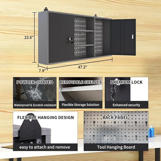 JZD Metal Wall Storage Cabinet with 22 Tool Hooks, for Garage Workshop Black & Grey