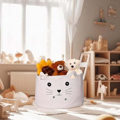 Zopeal Cat Basket Storage Woven Organizer with Ears Easter Decorative Gift Pet Toy Cute Cotton Rope Basket for Gift Cat Dog Toy Bin Nursery Room(21.7 x 13.8 Inch,White)
