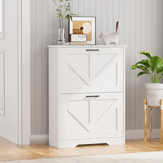 Farmhouse Shoe Cabinet for Entryway with Barn-Style Flip Drawers, Narrow Shoe Storage Organizer with Top Display Shelf, Adjustable Shelves, Shoe Rack for Hallway, Closet- (White, 24")