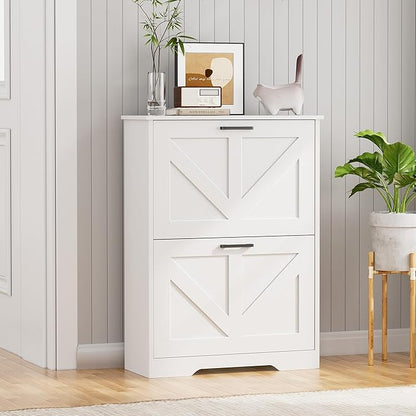 Farmhouse Shoe Cabinet for Entryway with Barn-Style Flip Drawers, Narrow Shoe Storage Organizer with Top Display Shelf, Adjustable Shelves, Shoe Rack for Hallway, Closet- (White, 24")