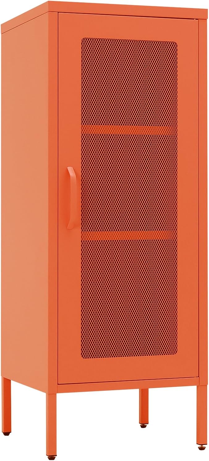 Slim Metal Storage Cabinet with Mesh Doors - 42'' Tall Narrow Organizer Tower, Compact Freestanding Cabinet, Versatile Utility Storage for Home, Office, Bedroom, or Kitchen, Durable and Modern Design