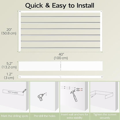 Wall Mounted Clothes Drying Rack 40 inches, Foldable Wall Mount Laundry Rack Folding Indoor, Drying Rack Clothing Collapsible, Hidden Space Saver with Wall Template, 6 Rods, White