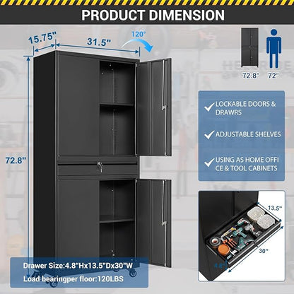 73" Metal Cabinet-Black Heavy Duty Rolling Storage Cabinet Steel Tool Cabinets with Wheels, Shelves, Lockable Doors and Drawers- for Garage, Pantry, Warehouse Home Office- Assembly Required