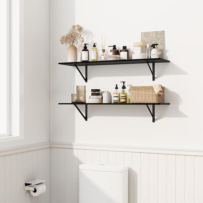 Fun Memories Deep Floating Shelves for Wall, 24W x 8D Wall Mounted Shelves Set of 2, Wide Display Ledge Shelf with Sturdy Metal Brackets for Living Room, Bathroom, Bedroom and Kitchen, Black