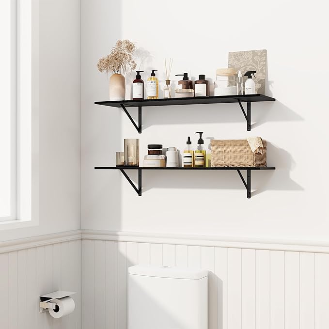 Fun Memories Deep Floating Shelves for Wall, 36W x 8D Wall Mounted Shelves Set of 2, Wide Display Ledge Shelf with Sturdy Metal Brackets for Living Room, Bathroom, Bedroom and Kitchen, Black