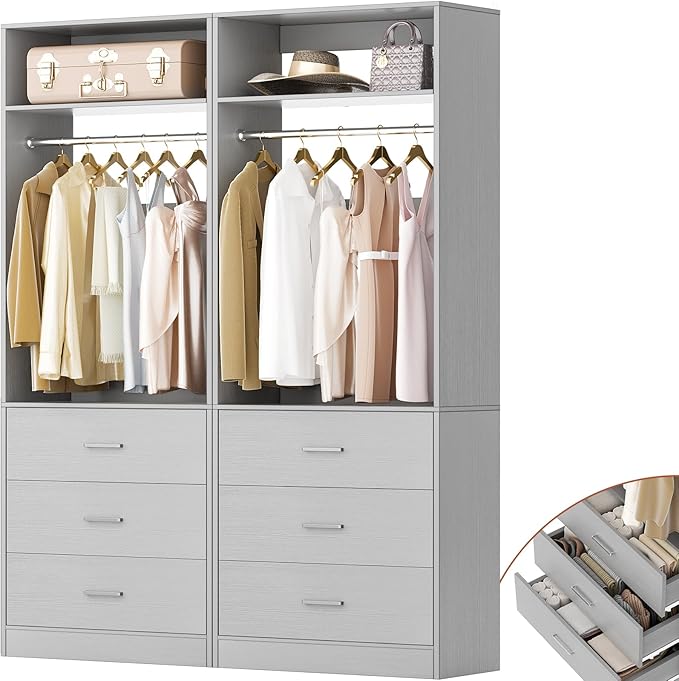 Closet System Set of 2, 4FT Closet Systems with 6 Wood Drawers, 48" Closet Organizer System with 2 Hanging Rods & 2 Shelves, Heavy Duty 48 Inch Walk-in Closet, Grey (48"L x 15" W x 80" H)