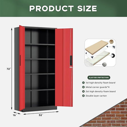 Greenvelly Metal Garage Storage Cabinet, 72" Black Red Tool Steel Locking Cabinet with Doors and 4 Shelves, Tall Cabinets for Garage Storage Systems Lockable File Cabinet for Home Office,Garage