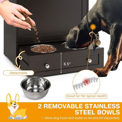 Tangkula Pet Feeder Station, Dog Food Storage Container With Double Pull Out Bowls, Food Toy Organizer Cabinet, Feeding Station Furniture for Dogs Cats Feeding & Watering Supplies (Brown)