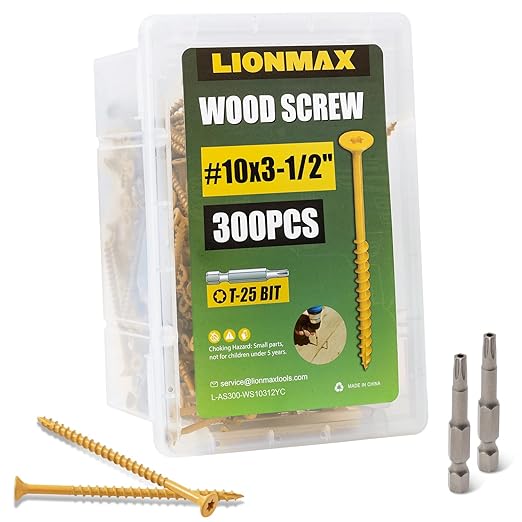 LIONMAX Deck Screws 3-1/2 Inch, Wood Screws #10 x 3-1/2", 300 PCS, Rust Resistant, Exterior Epoxy Coated for Outdoor/Fence, Torx/Star Drive Head, T25 Star Bit Included, Tan