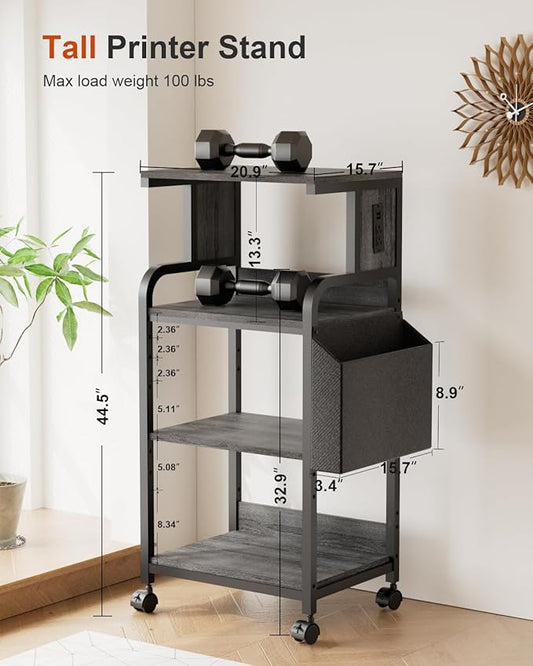 Tall Printer Stand with Storage, 4-Tier Mobile Printer Cart with Adjustable Shelf & Side Bag, Heavy Duty Printer Table with Built-In Charging Station for Home Office, Fits Scanner, Fax Machine, Grey