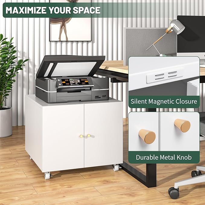 Printer Stand with Storage Cabinet with Wheels,3D Heavy Duty Metal Large Printer Table with Adjustable Shelf for Home Office, Mobile Printer Cart,White,17.7" H