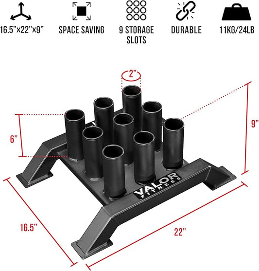 Valor Fitness Olympic Barbell Holder – Vertical 9 - Bar Storage Rack with Protective Sleeve Inserts – Space-Saving Steel Stand for Home Gym & Commercial Gyms