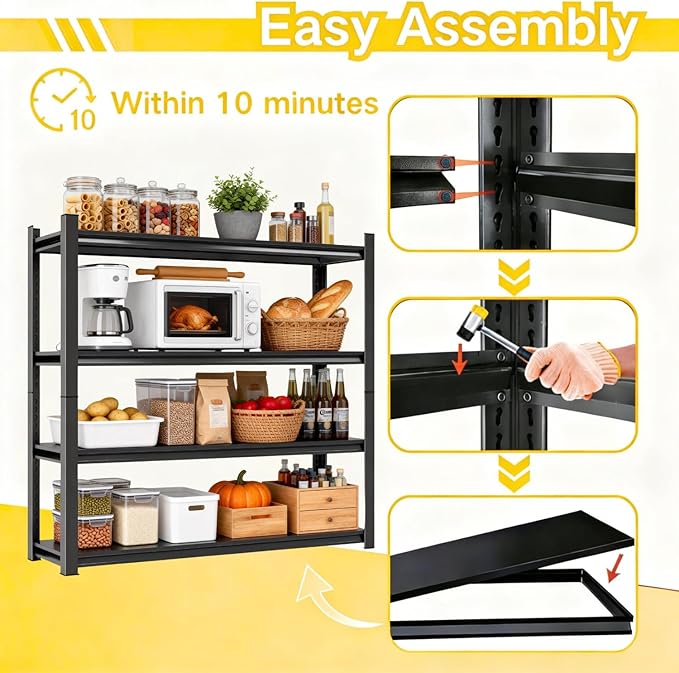 Kitchen Storage Shelves, 54''H*31''W Microwave Stand, Adjustable Metal Shelving, 1600LBS Bakers Rack, Black Kitchen Shelf, 4-Tier Shelving Unit for Bathroom, Pantry, Laundry, Closet, Garage