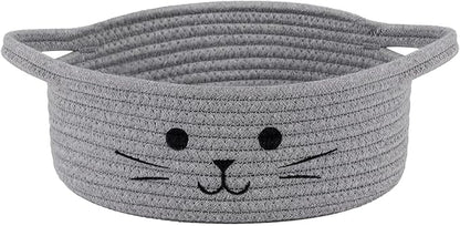 Small Woven Rope Storage Basket, Cute Cat Toy Basket for Living Room, Baby Baskets for Nursery, Gift Baskets Empty for Baby Shower, Grey, 9.8 x 4 inches