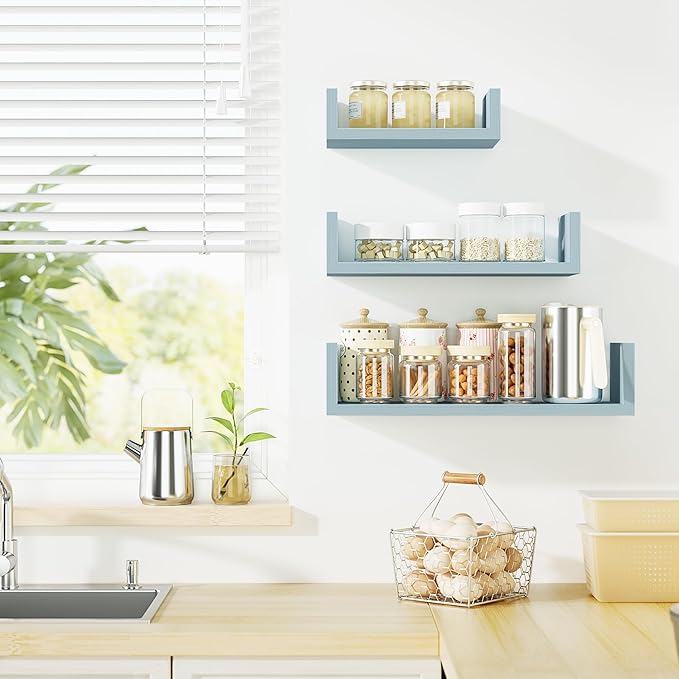 SRIWATANA Floating U Shelves Wall Mounted, Solid Wood Wall Shelves Set of 3 (Blue)
