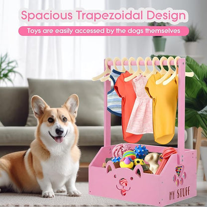 Chunful Dog Closet Wooden Pet Wardrobe Closet Dog Toy Storage Bin with Handle Pet Clothes Rack for Cat Organization and Storage Accessories, 19" x 13" x 9"(Pink)