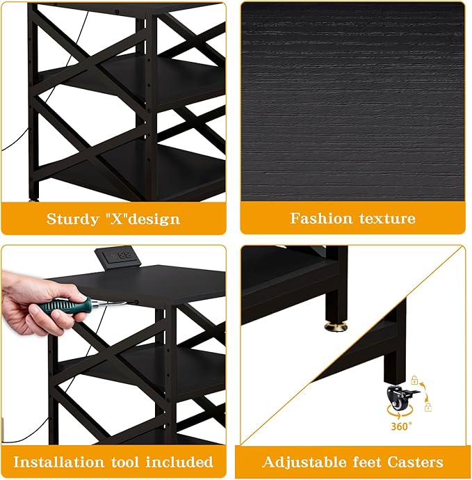 Large Printer Stand with Power Outlet, with Height Adjustable Storage Shelf, 3 Tier Rolling Printer Cart with Industrial Wheels, 23.6 x 23.6 Inches Printer Table for Home Office,Black