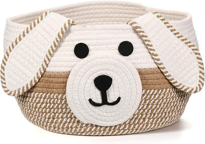 Zopeal Dog Woven Basket Cute Woven Cotton Rope Puppy Animal Storage Basket for Laundry Toy Gift(Khaki, White,13 x 8 Inch)